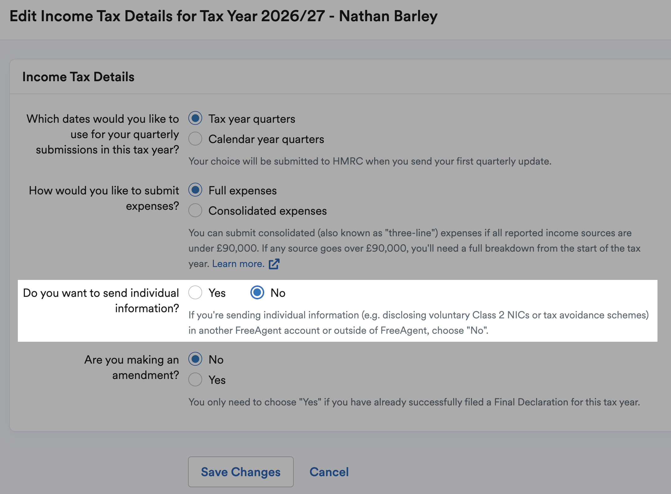 Edit Income Tax details section with option to send individual information to HMRC set to no and highlighted.