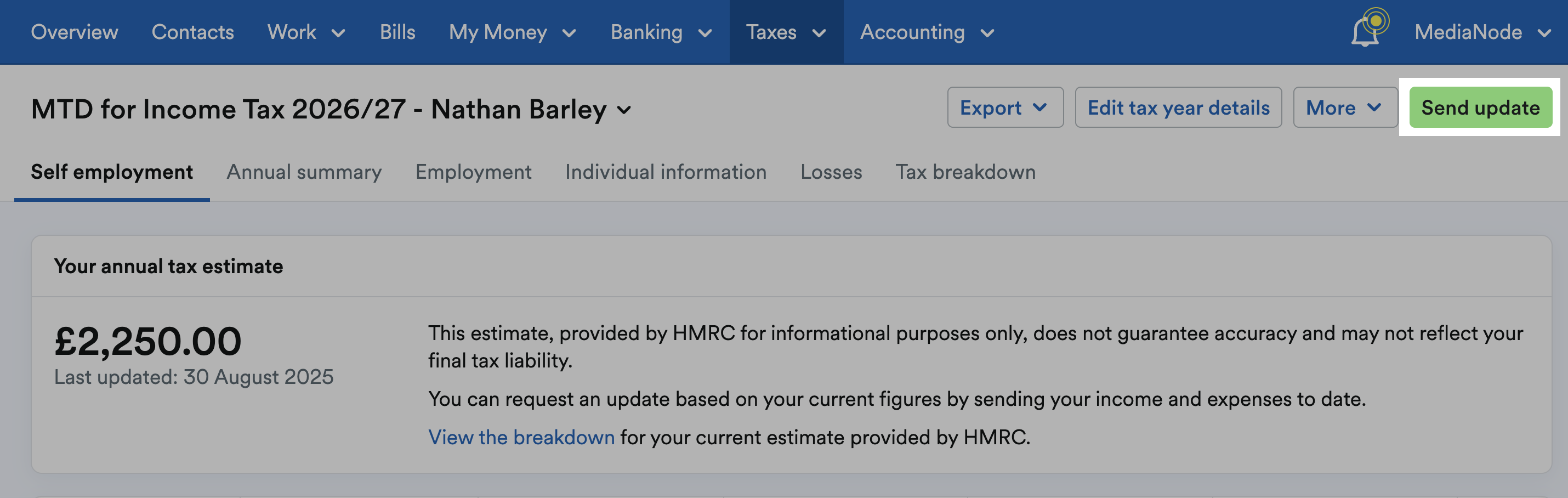 'Send update' button highlighted at top of page.