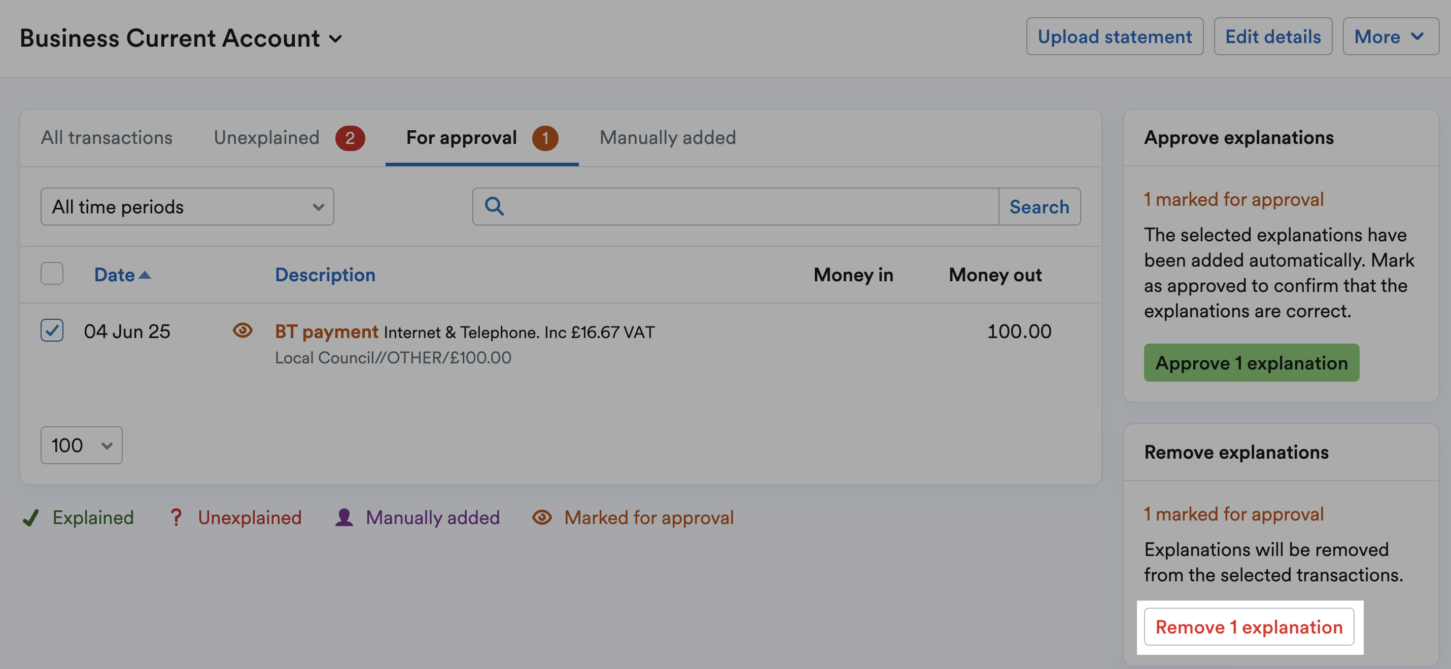 Remove explanation button highlighted for a bank transaction
