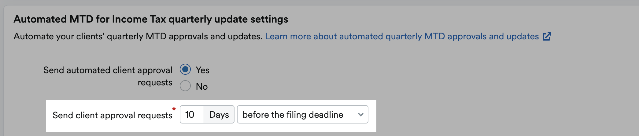 Option to enter how many days before filing deadline to send approval requests