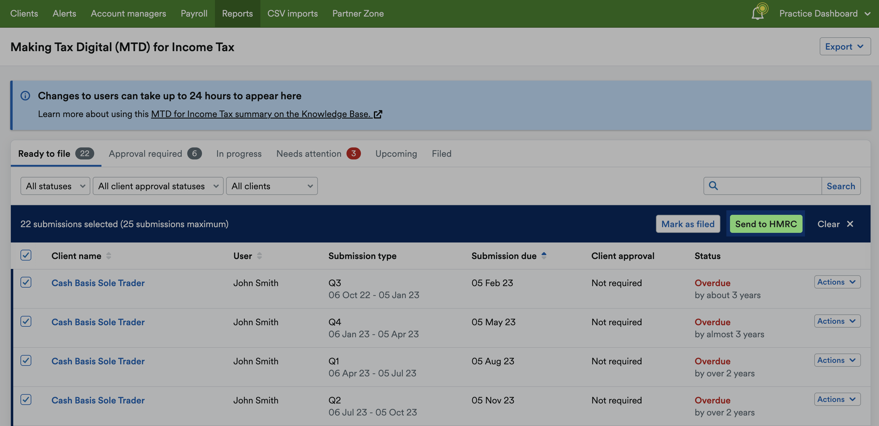 'Send to HMRC' button highlighted in selected submissions bar.
