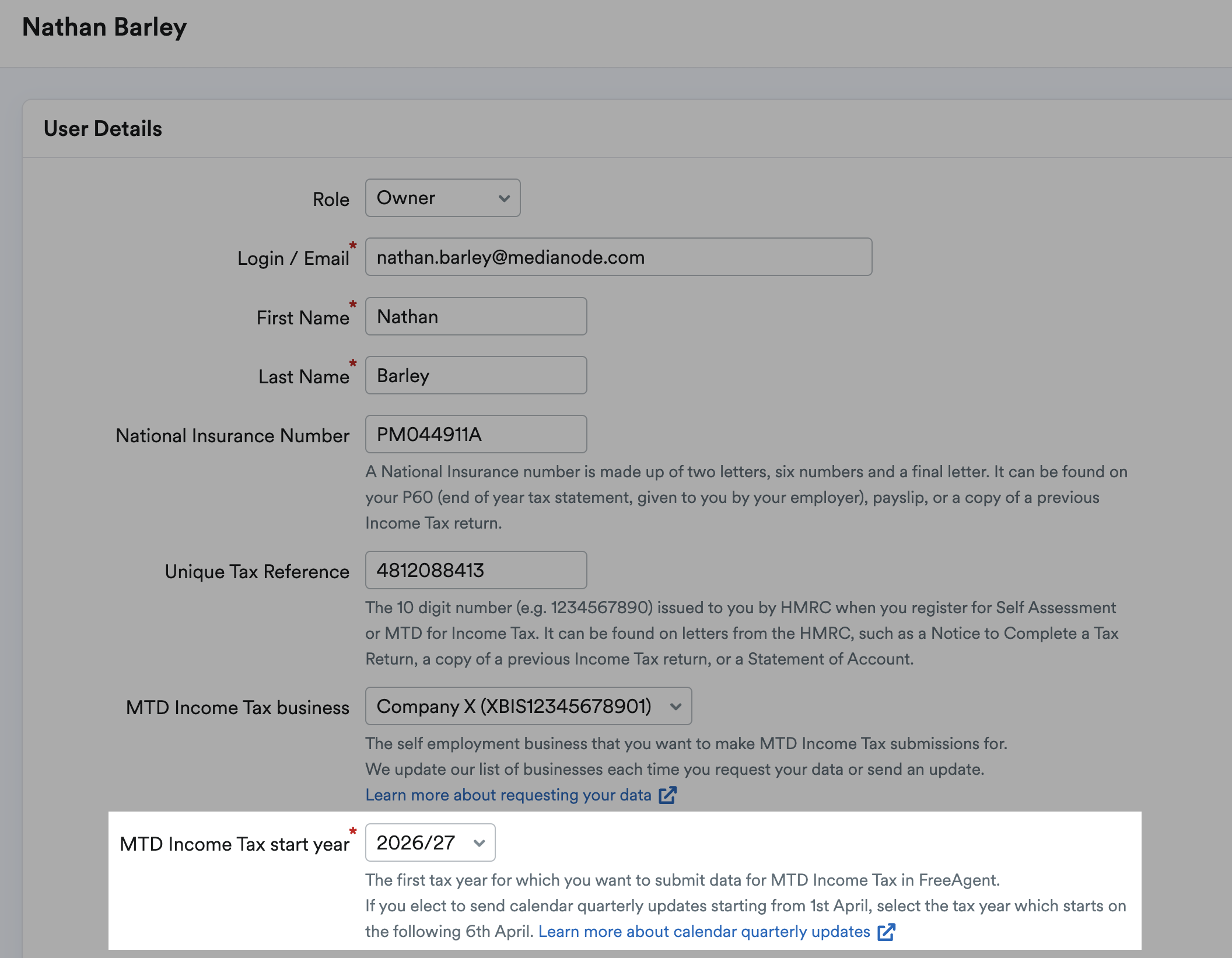 User Details section with MTD Income Tax start date field highlighted.