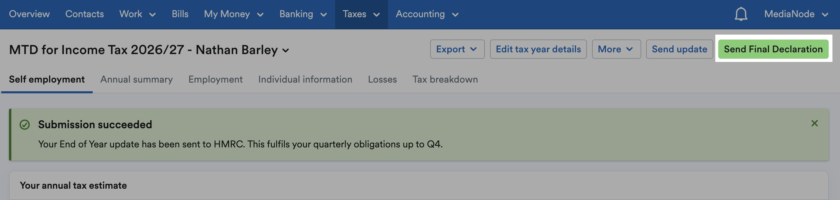 Send Final Declaration button highlighted in top-right of MTD for Income Tax area