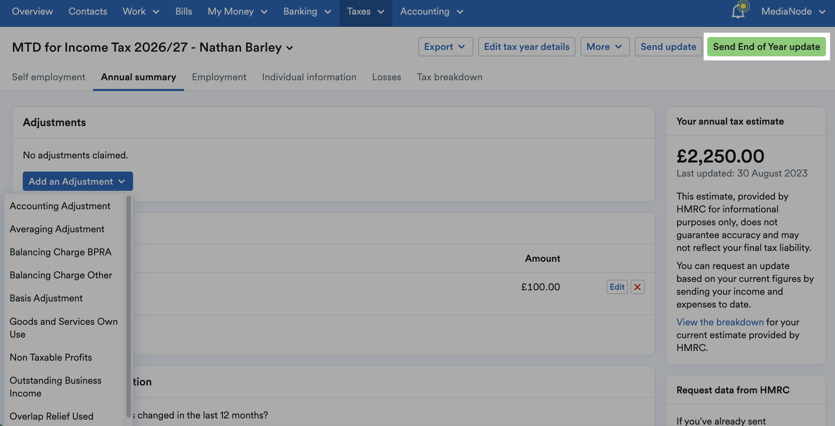 Annual summary page of MTD for Income Tax screen in FreeAgent with Send End of Year update button highlighted