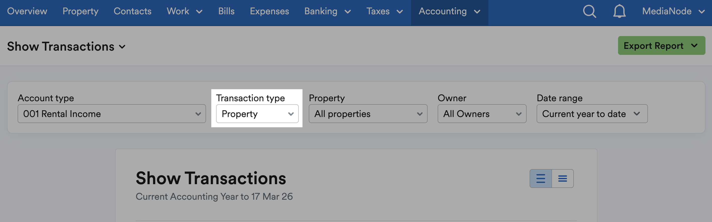 Property highlighted from transaction type filter
