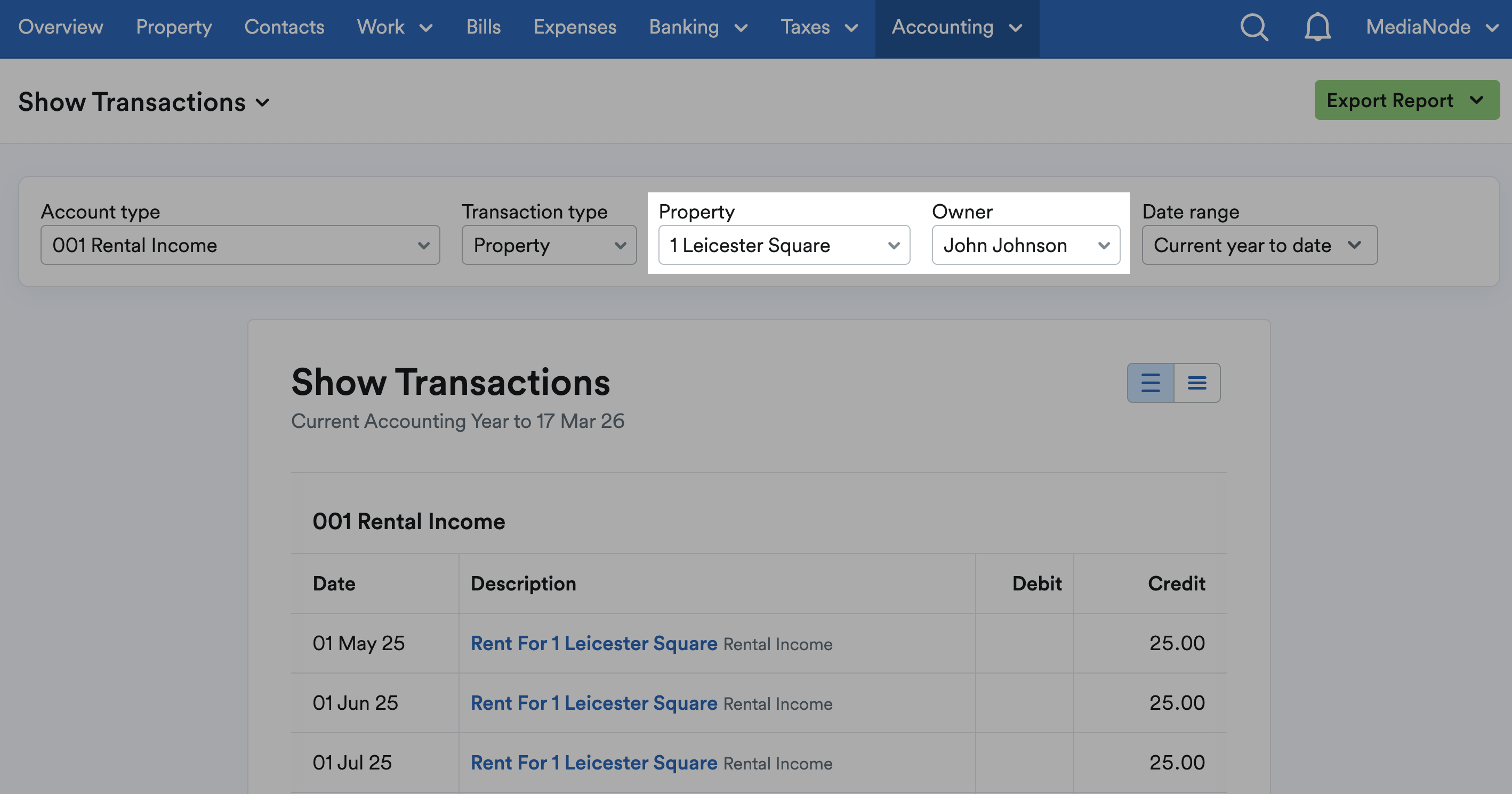 Property and owner filters highlighted
