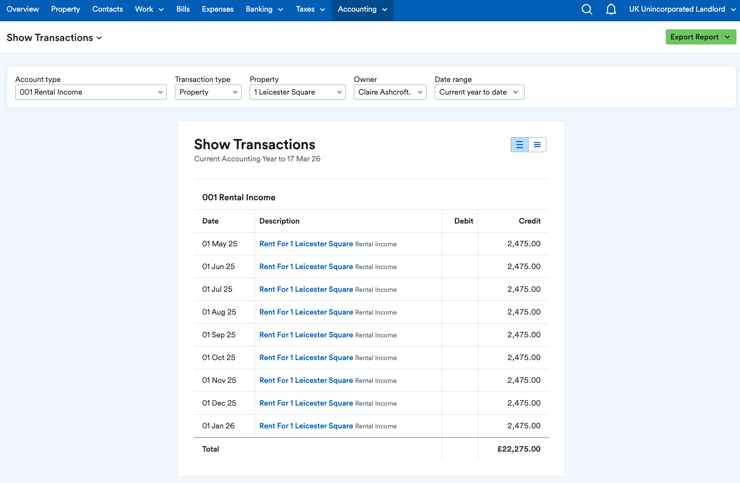 Show Transactions report with property and owner filters applied.