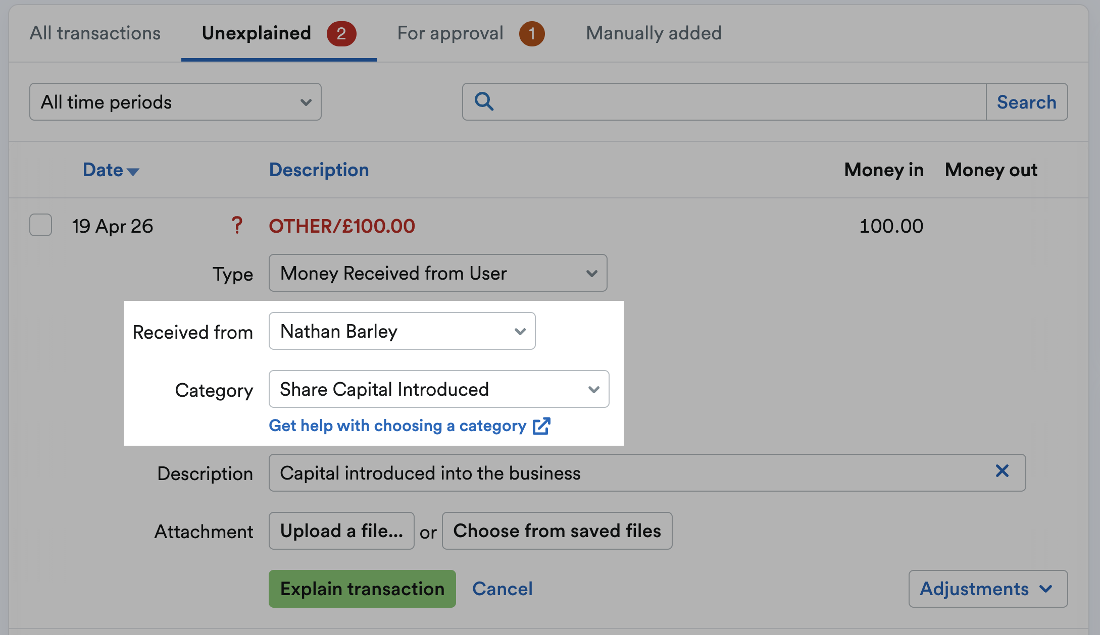 Received from and category drop-down menus highlighted
