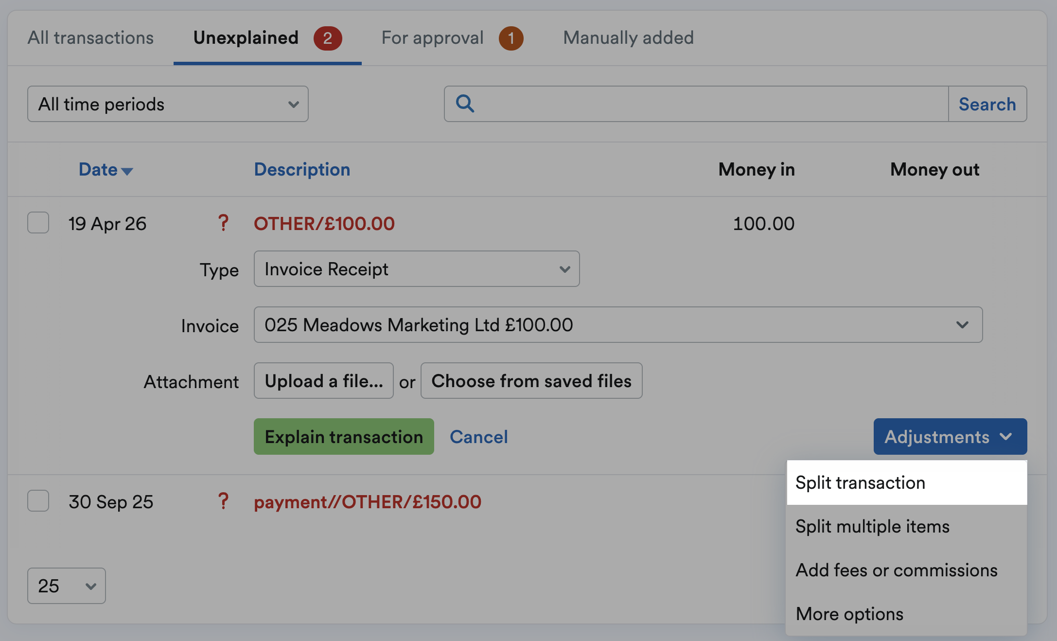 Split transaction highlighted from Adjustments drop-down menu