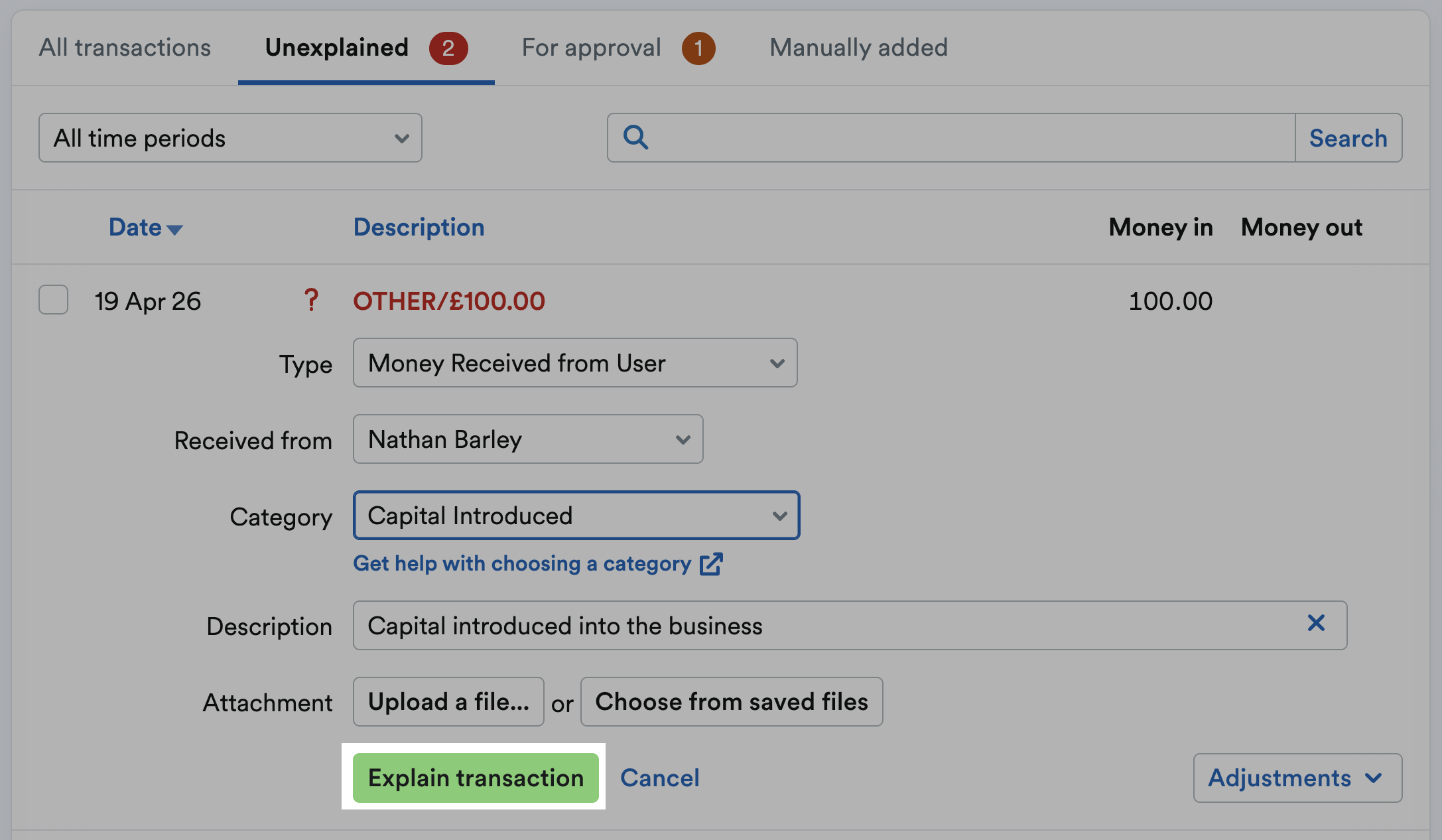 Explain transaction button highlighted