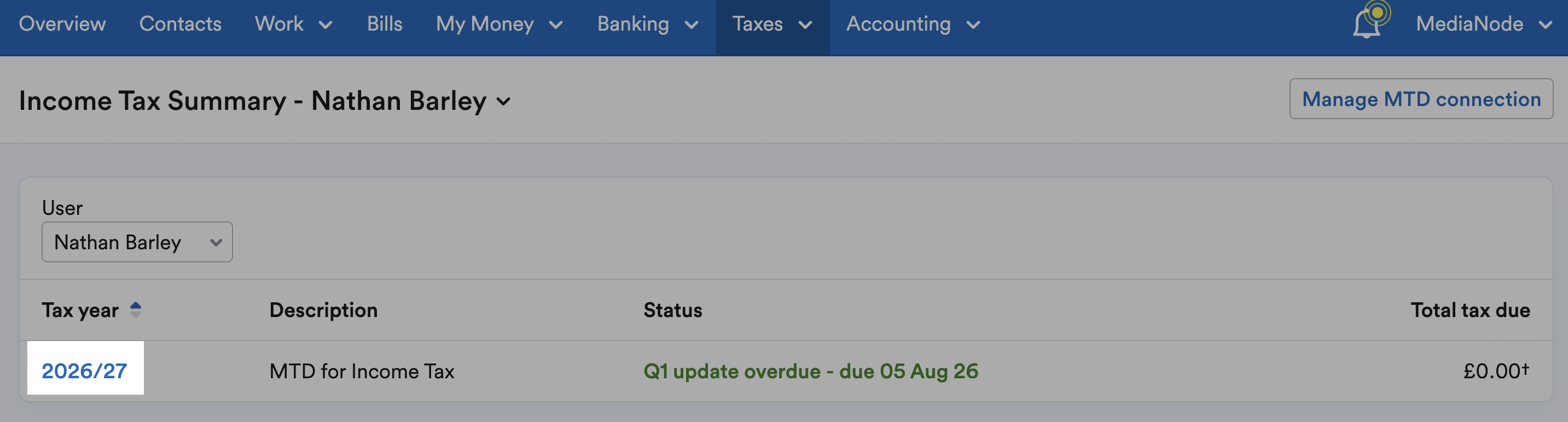 Tax year highlighted from list on Income Tax Summary page.