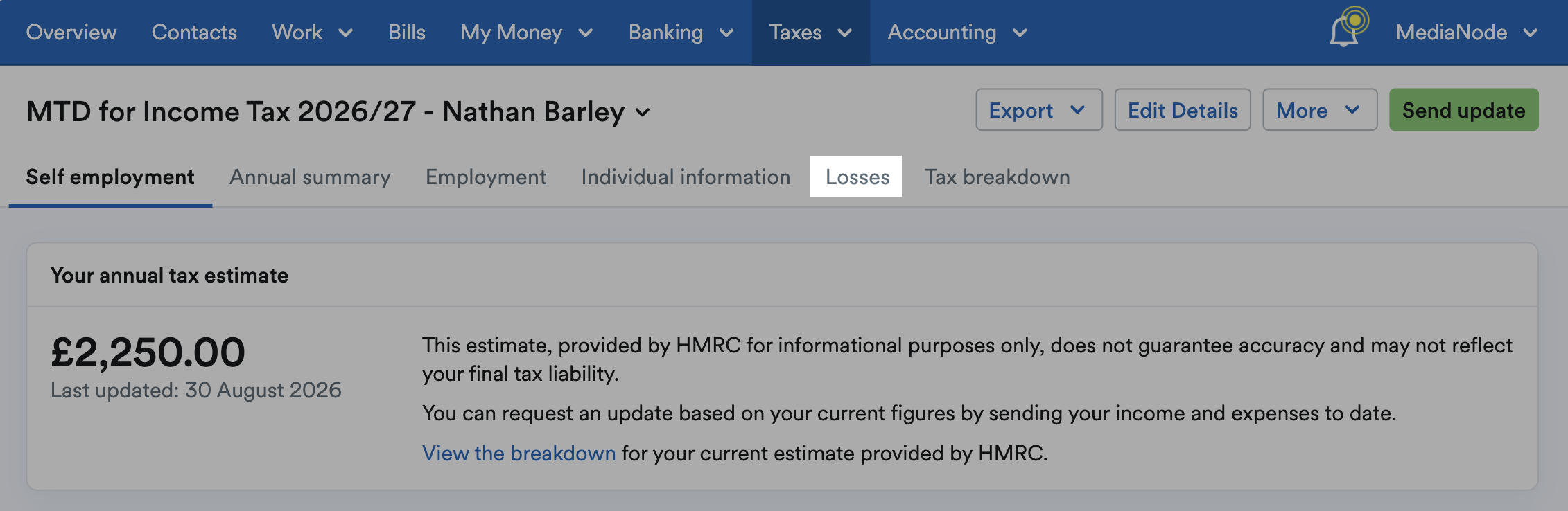 Losses tab highlighted on MTD for Income Tax page.