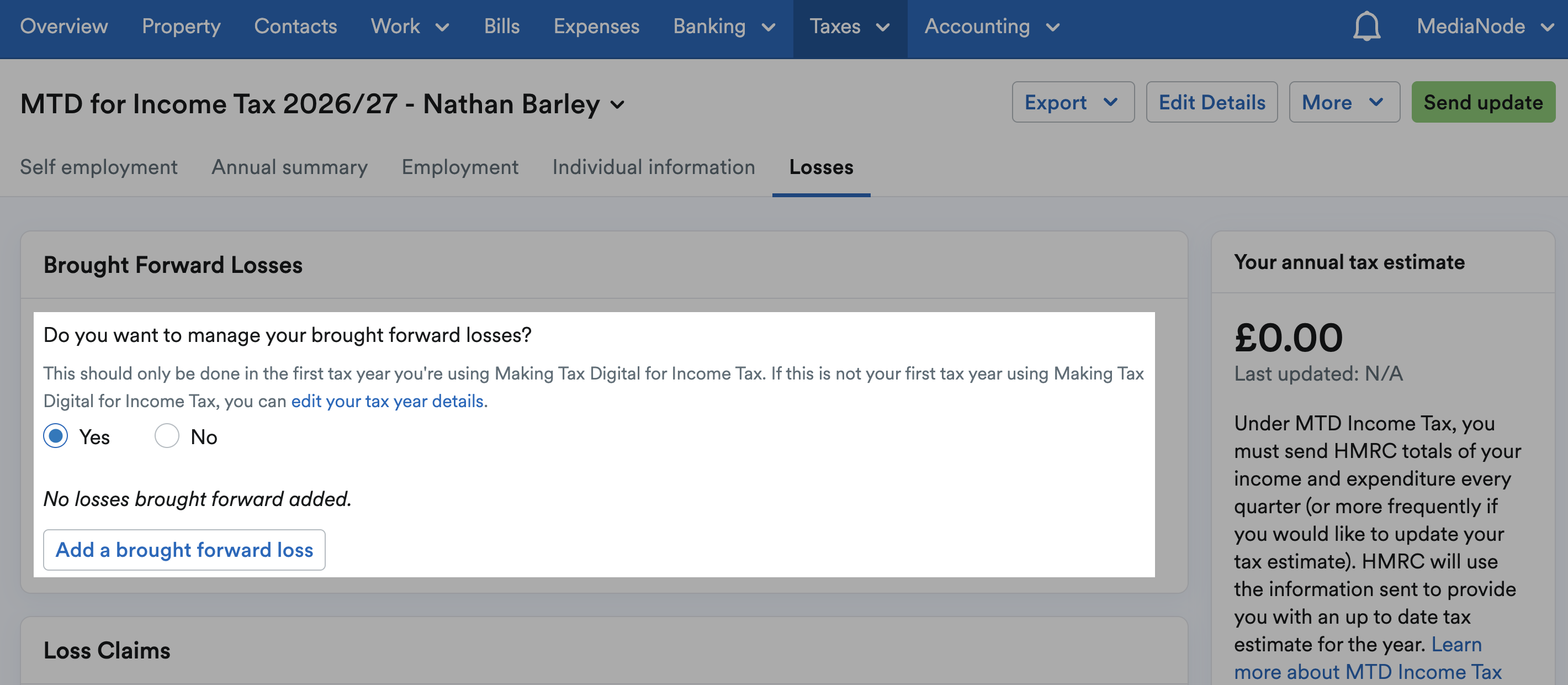 'Yes' selected for 'Do you want to manage your brought forward losses?'.