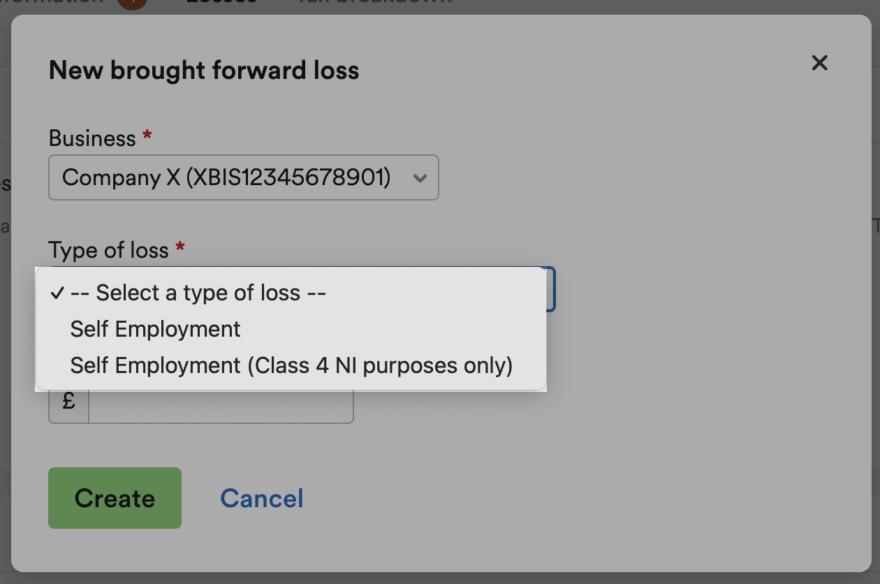'Self Employment' and 'Self Employment (Class 4 NI purposes only)' options listed on 'Type of loss' drop-down menu.