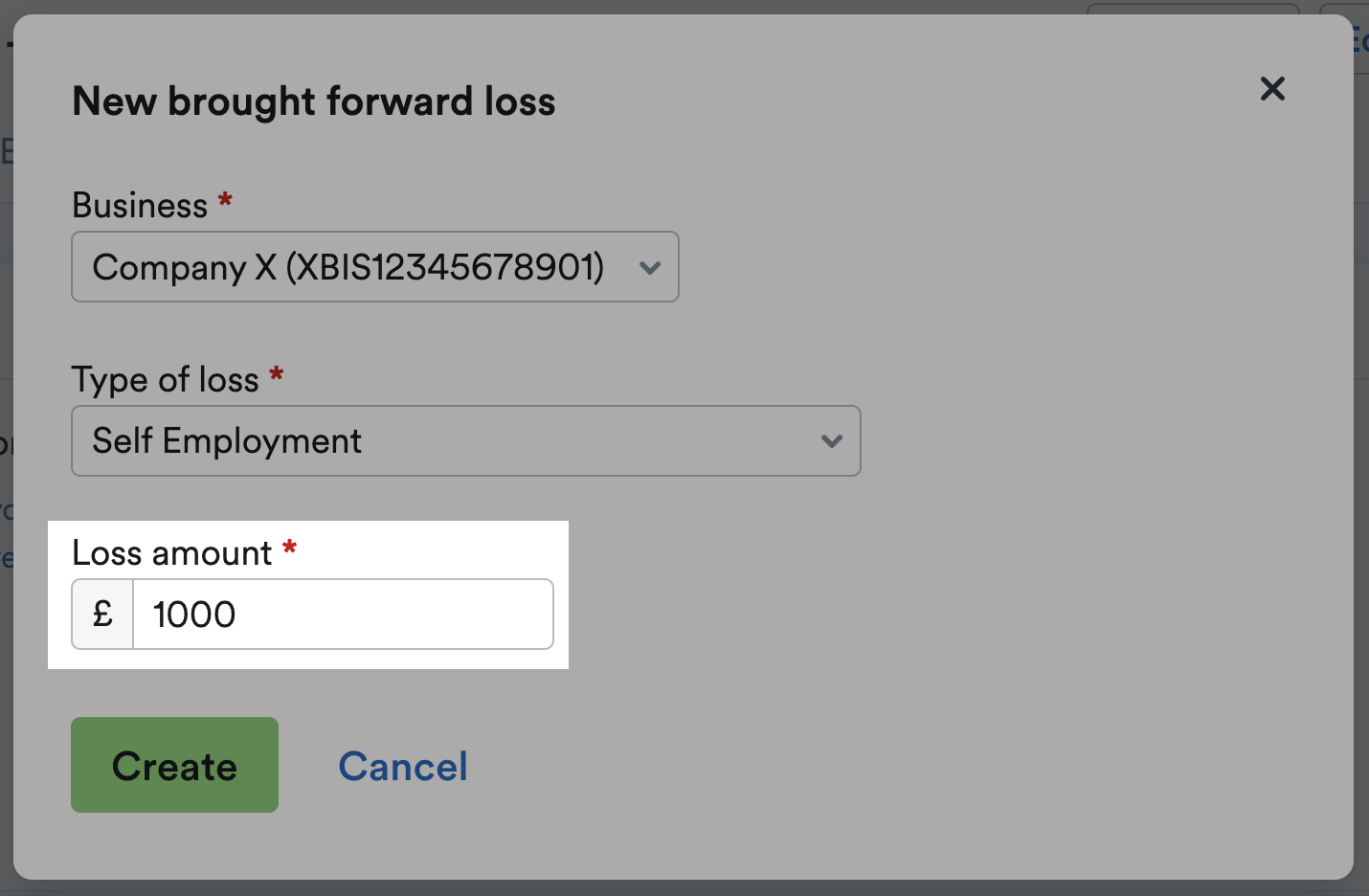 'Loss amount' field highlighted with amount input.