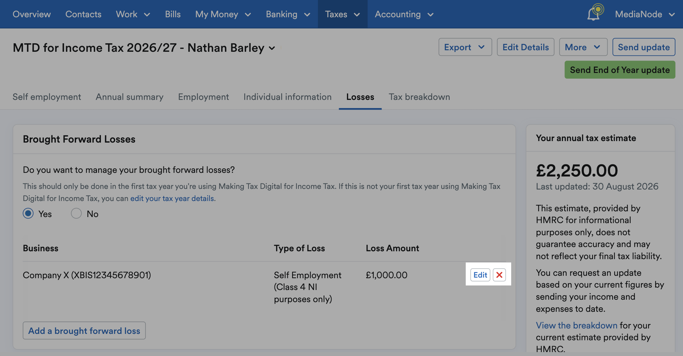 'Edit' and 'X' buttons highlighted next to listed brought forward loss.