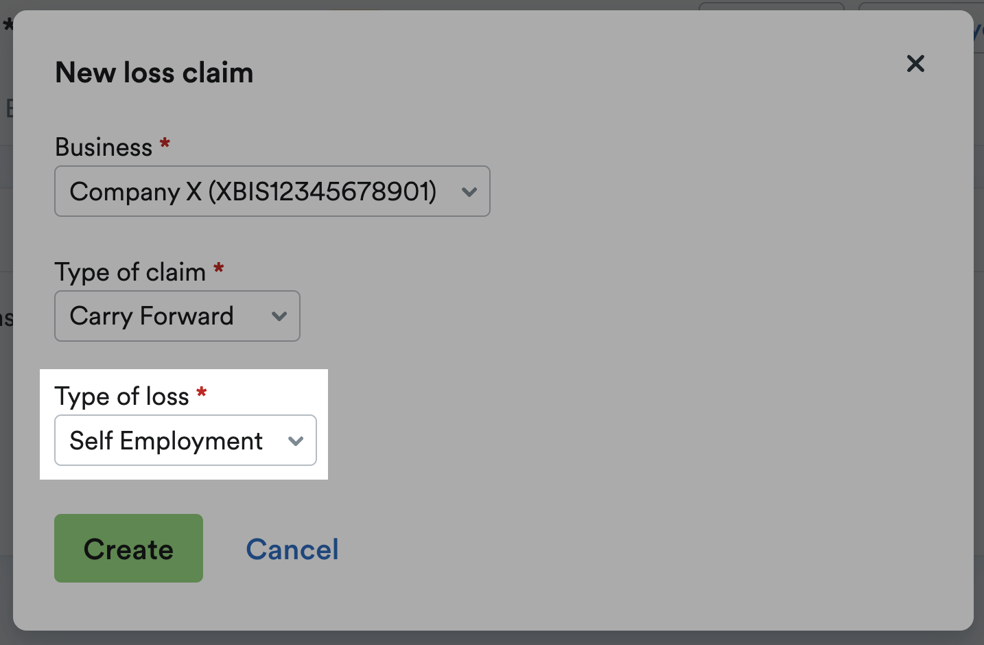 'Type of loss' drop-down menu highlighted.