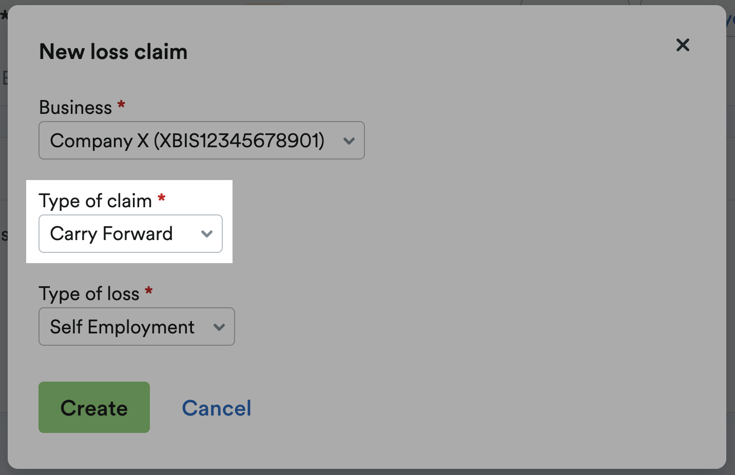 'Carry Forward' selected on 'Type of claim' drop-down menu.