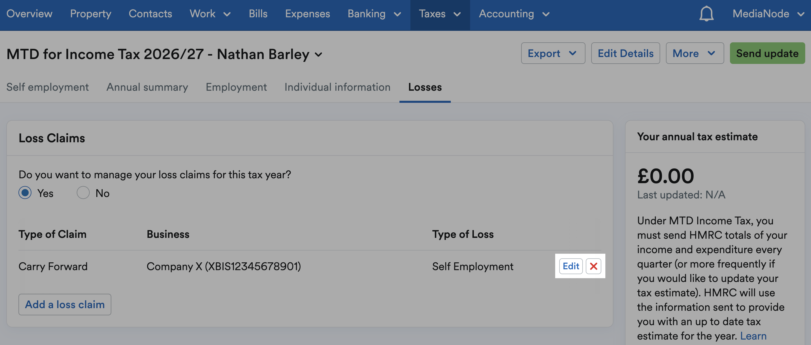 'Edit' and 'X' buttons highlighted next to listed loss claim.