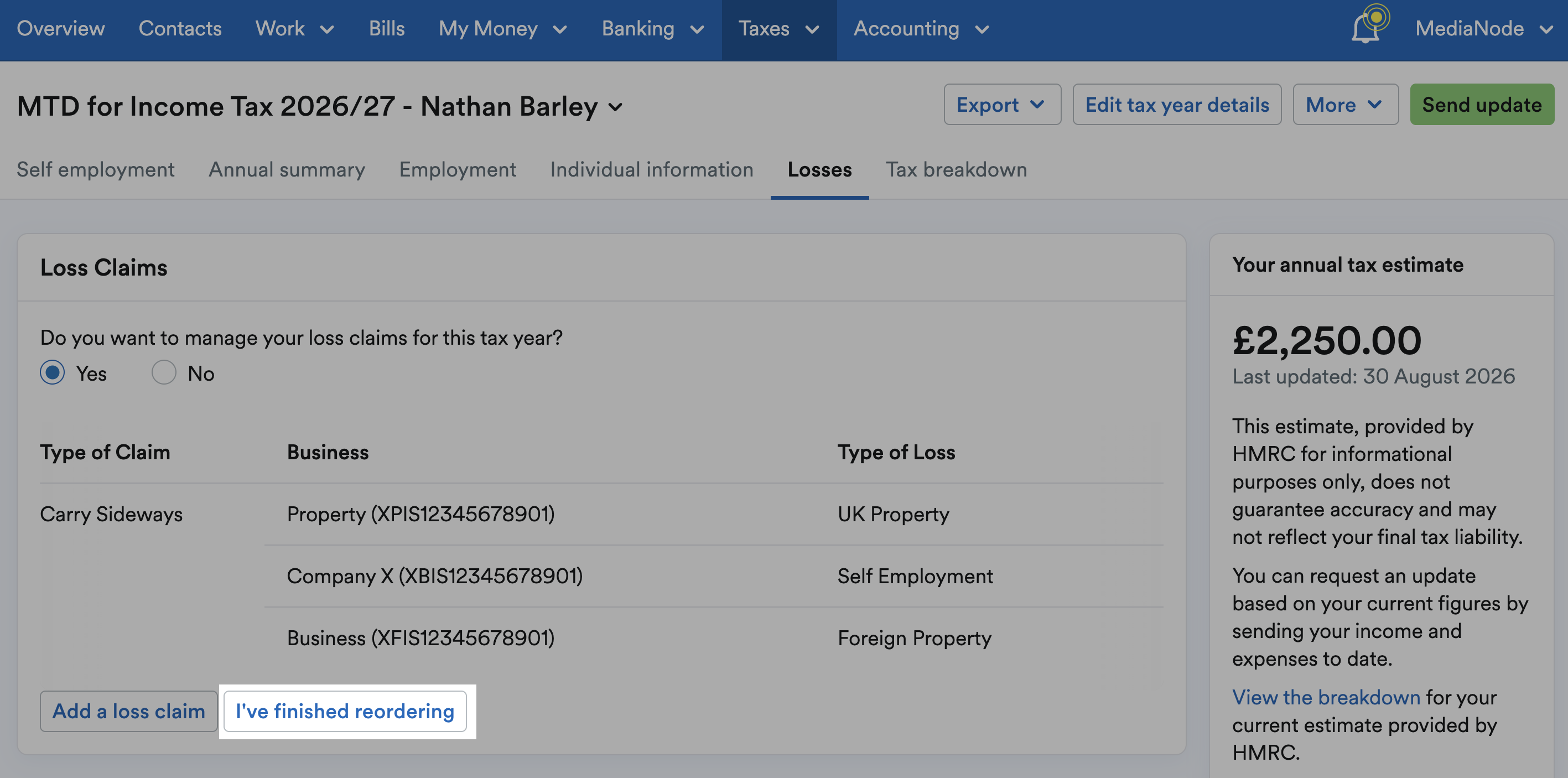 'I've finished reordering' button highlighted under list of loss claims.