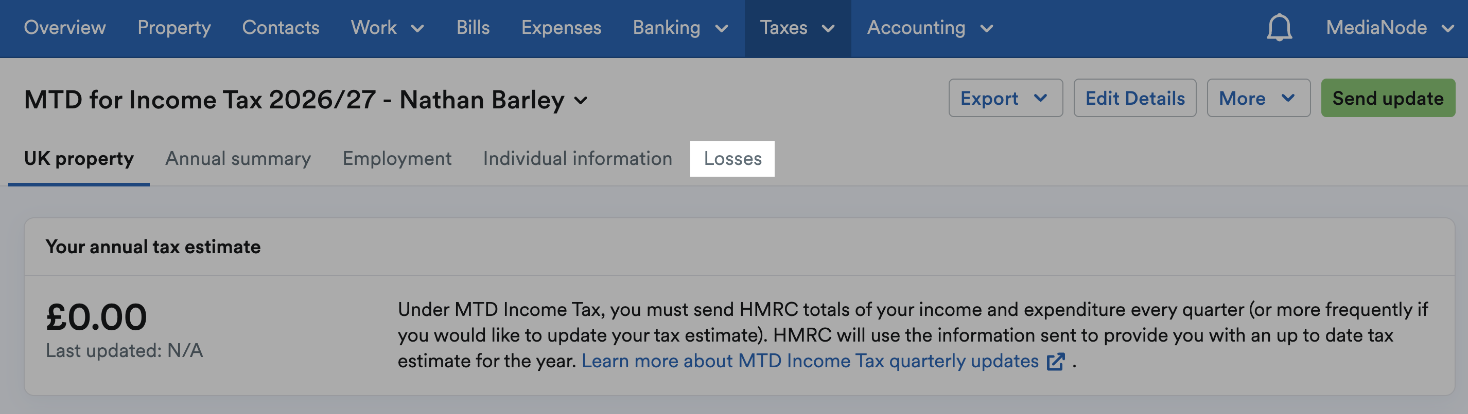 'Losses' tab highlighted on MTD for Income Tax page.