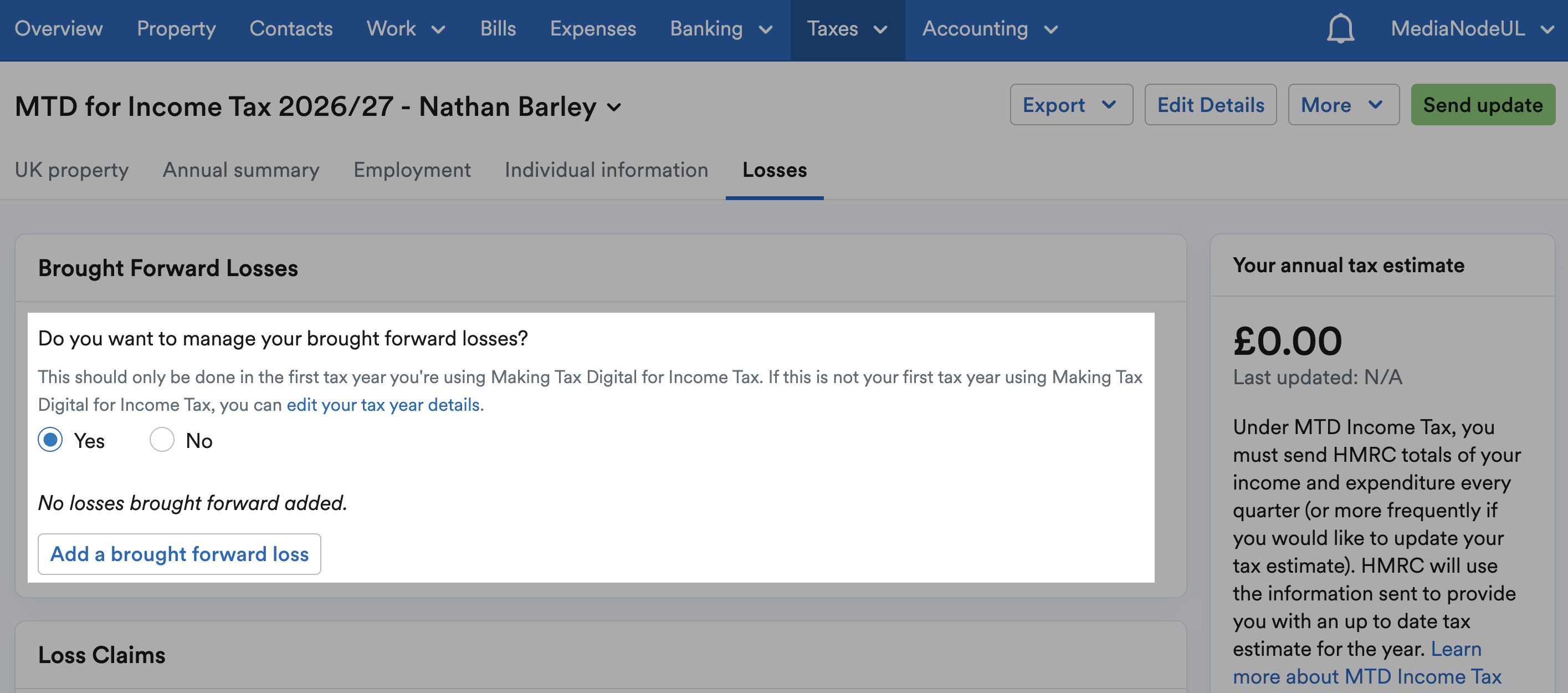 'Yes' selected for 'Do you want to manage your brought forward losses?'.