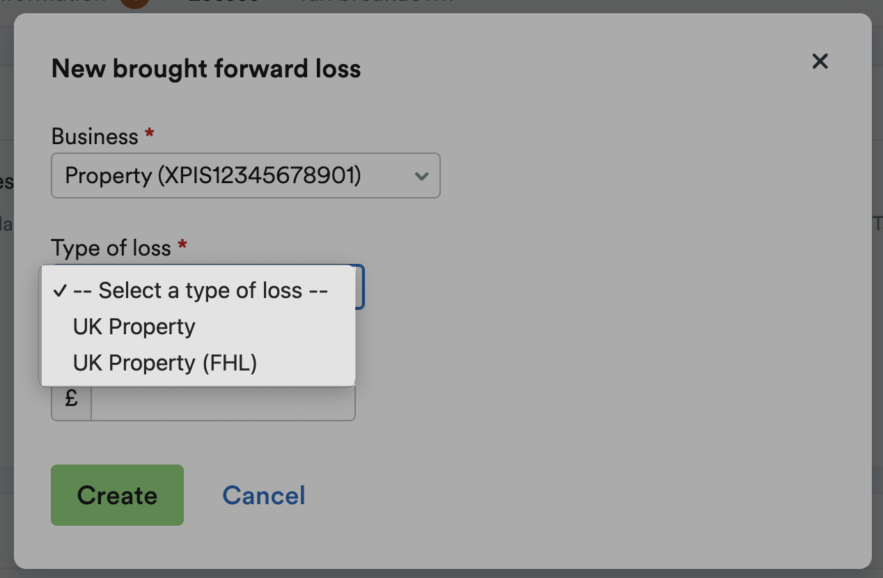 'UK Property' and 'UK Property (FHL)' listed on 'Type of loss' drop-down menu.