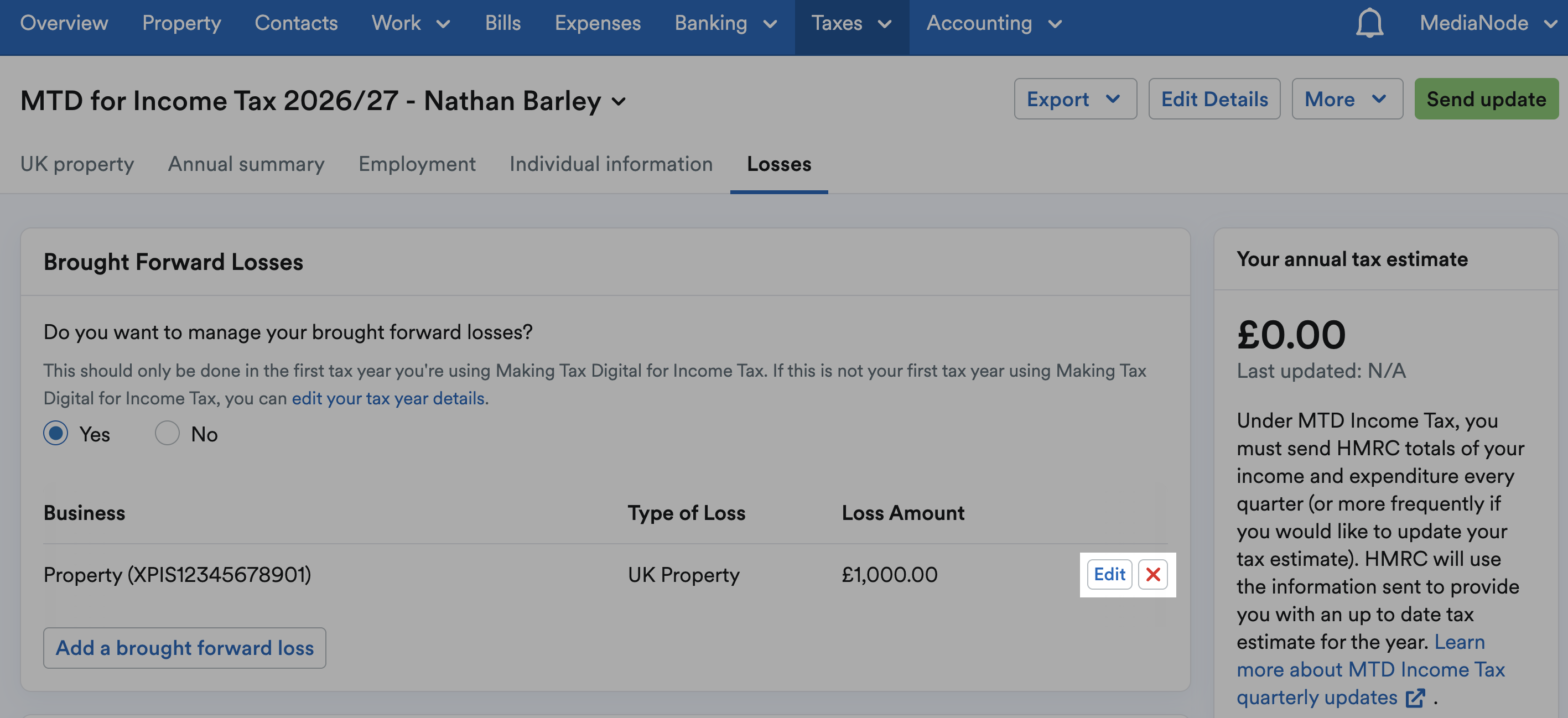 'Edit' and 'X' buttons highlighted next to listed brought forward loss.