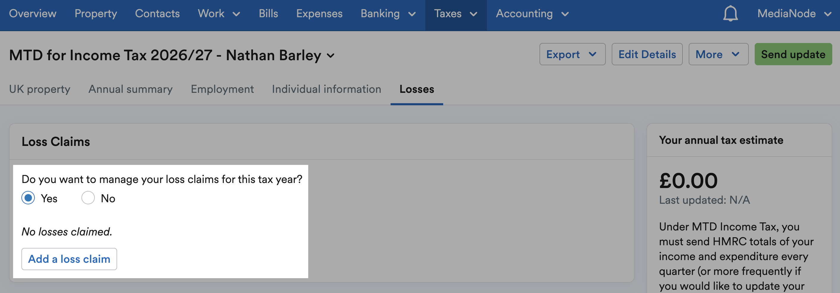 'Yes' selected for 'Do you want to manage your loss claims for this tax year?'.
