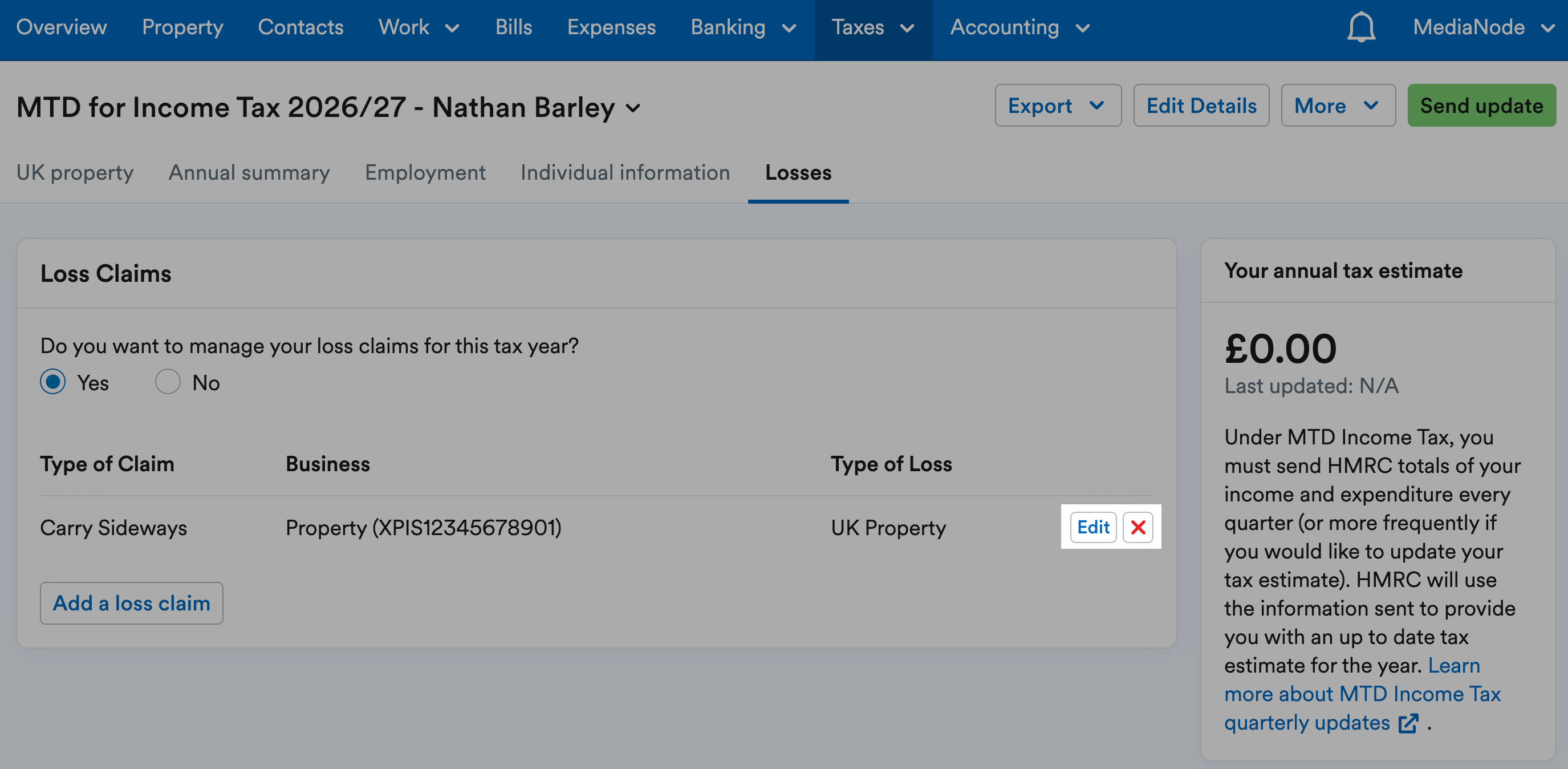 'Edit' and 'X' buttons highlighted next to listed brought forward loss.
