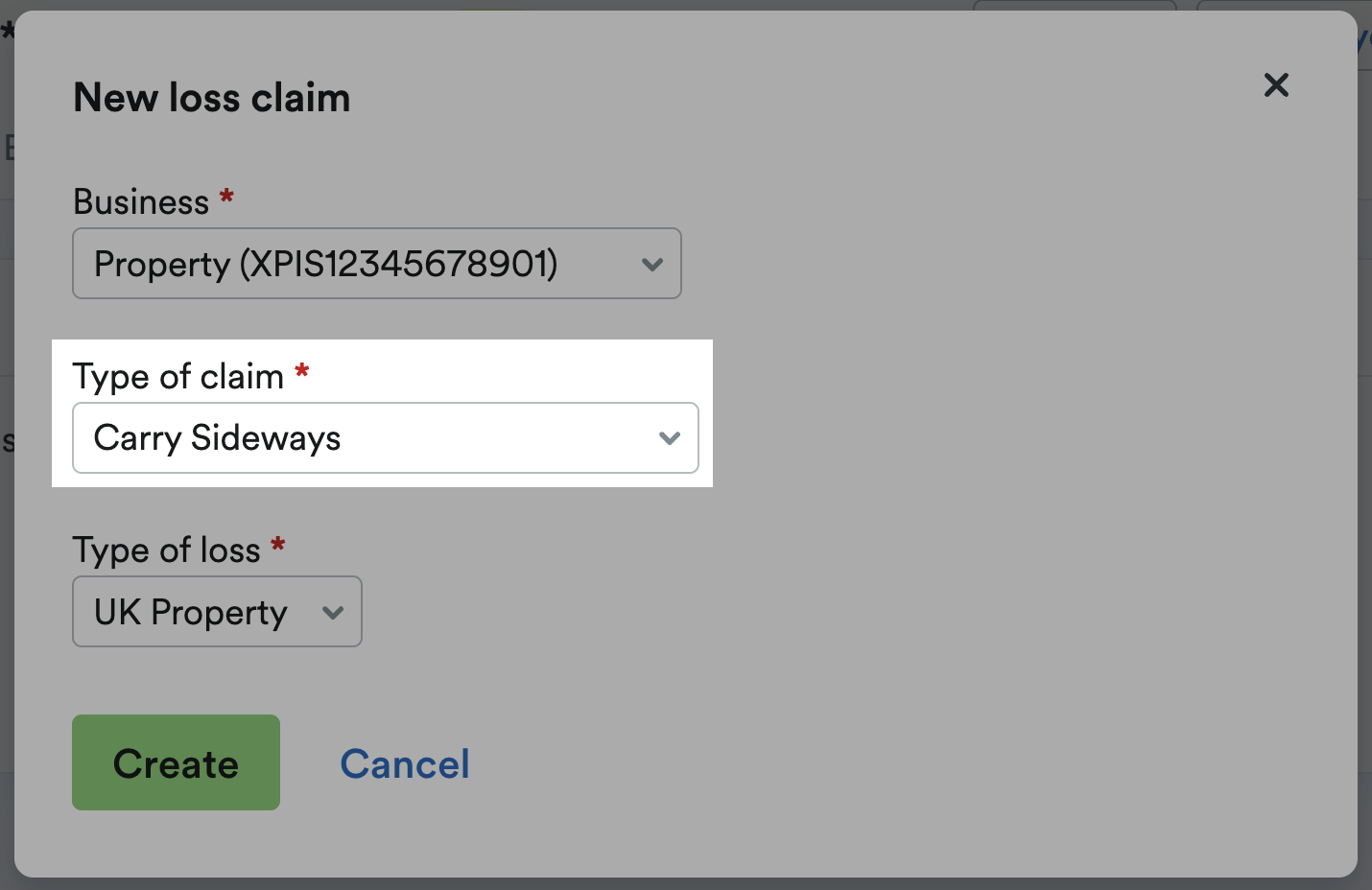 'Carry Sideways' selected on 'Type of claim' drop-down menu.