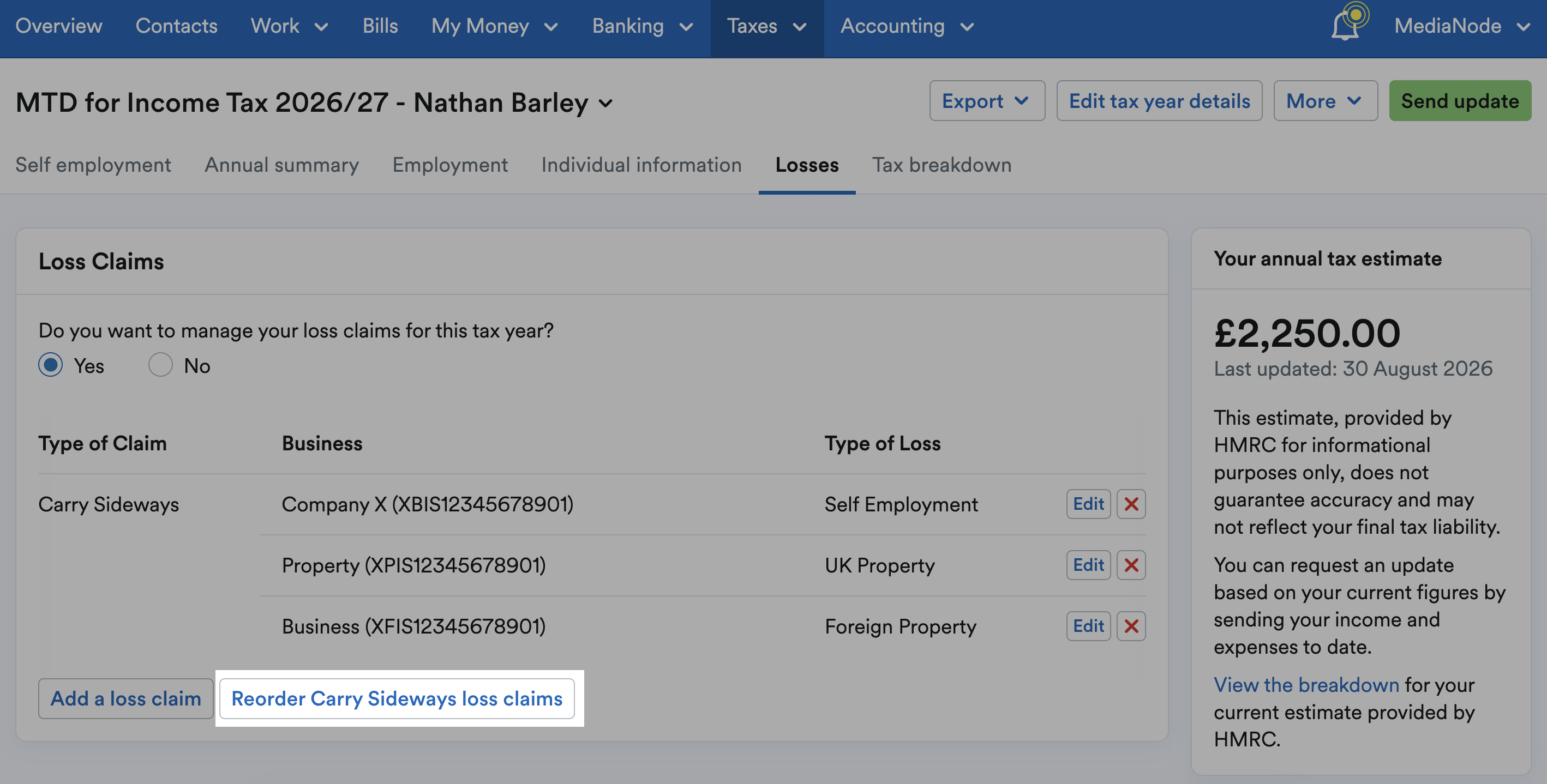 'Reorder Carry Sideways loss claims' button highlighted under lis of loss claims.