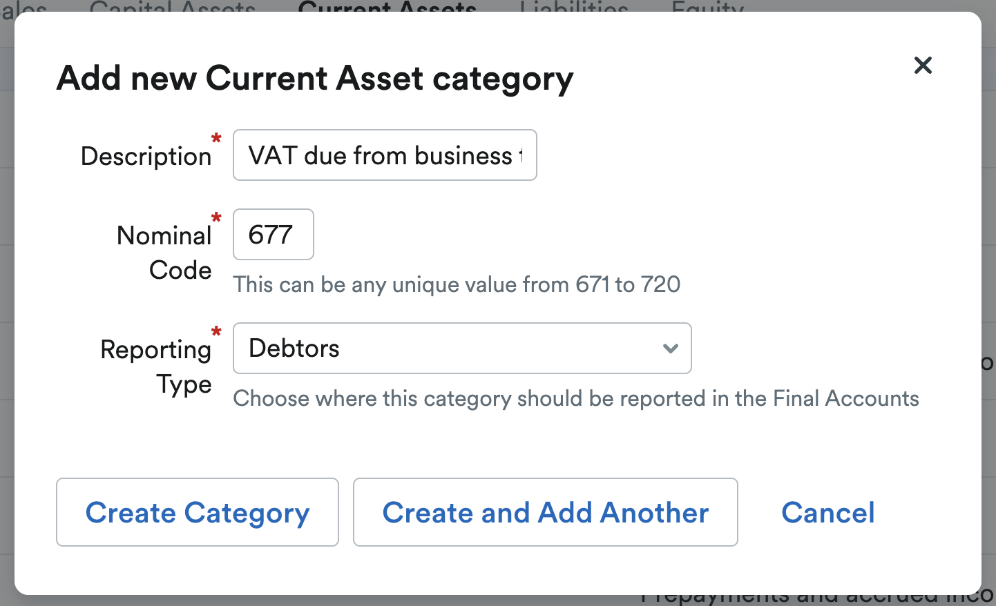 'Add new Current Asset category' pop-up window with new category named 'VAT due from business two'.
