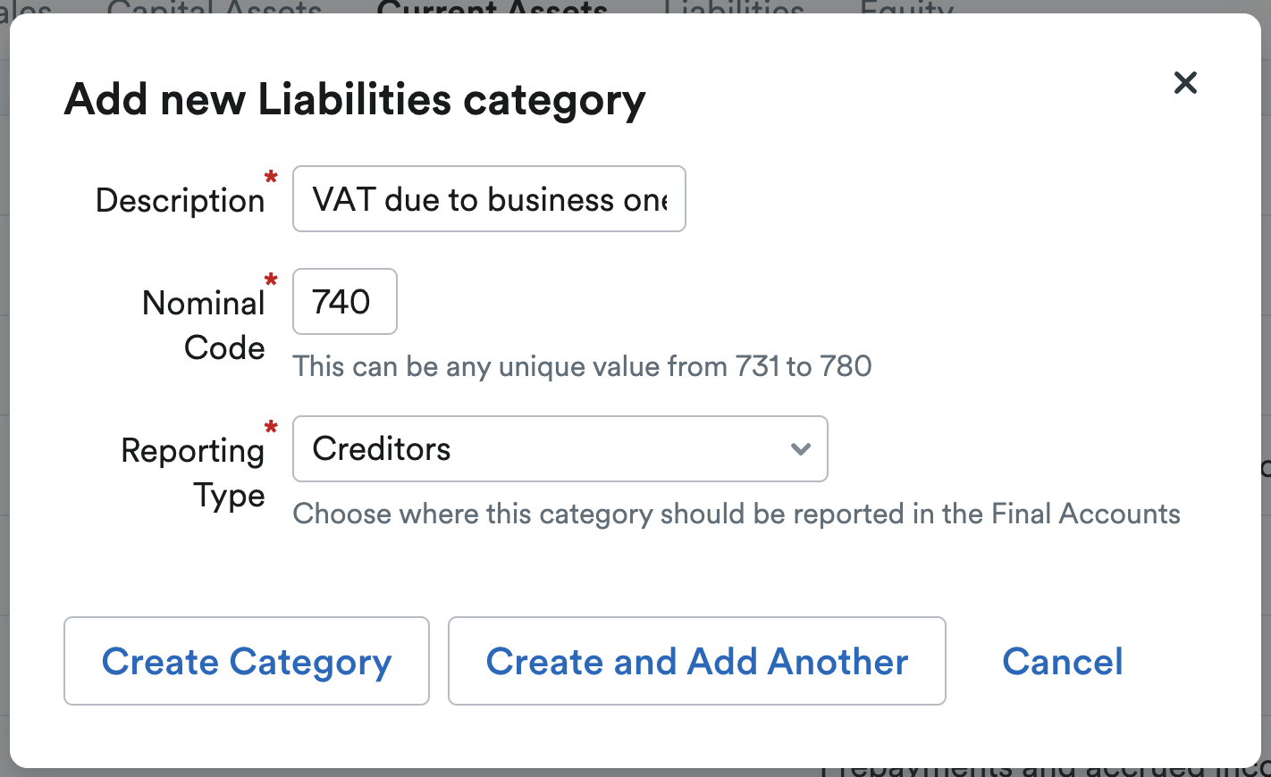 'Add new Liabilities category' pop-up window with new category named 'VAT due to business one'.