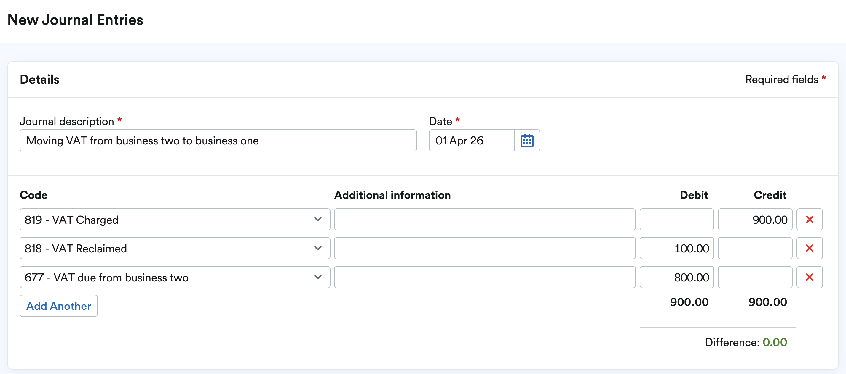 New Journal Entries added for moving VAT from business two to business one.