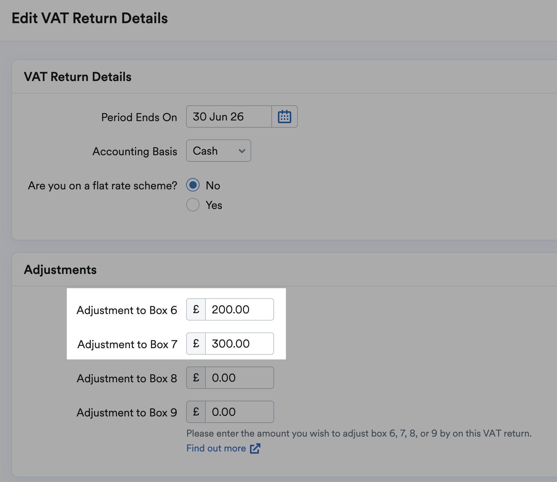 'Edit VAT Return Details' page with adjustments made to boxes 6 and 7.