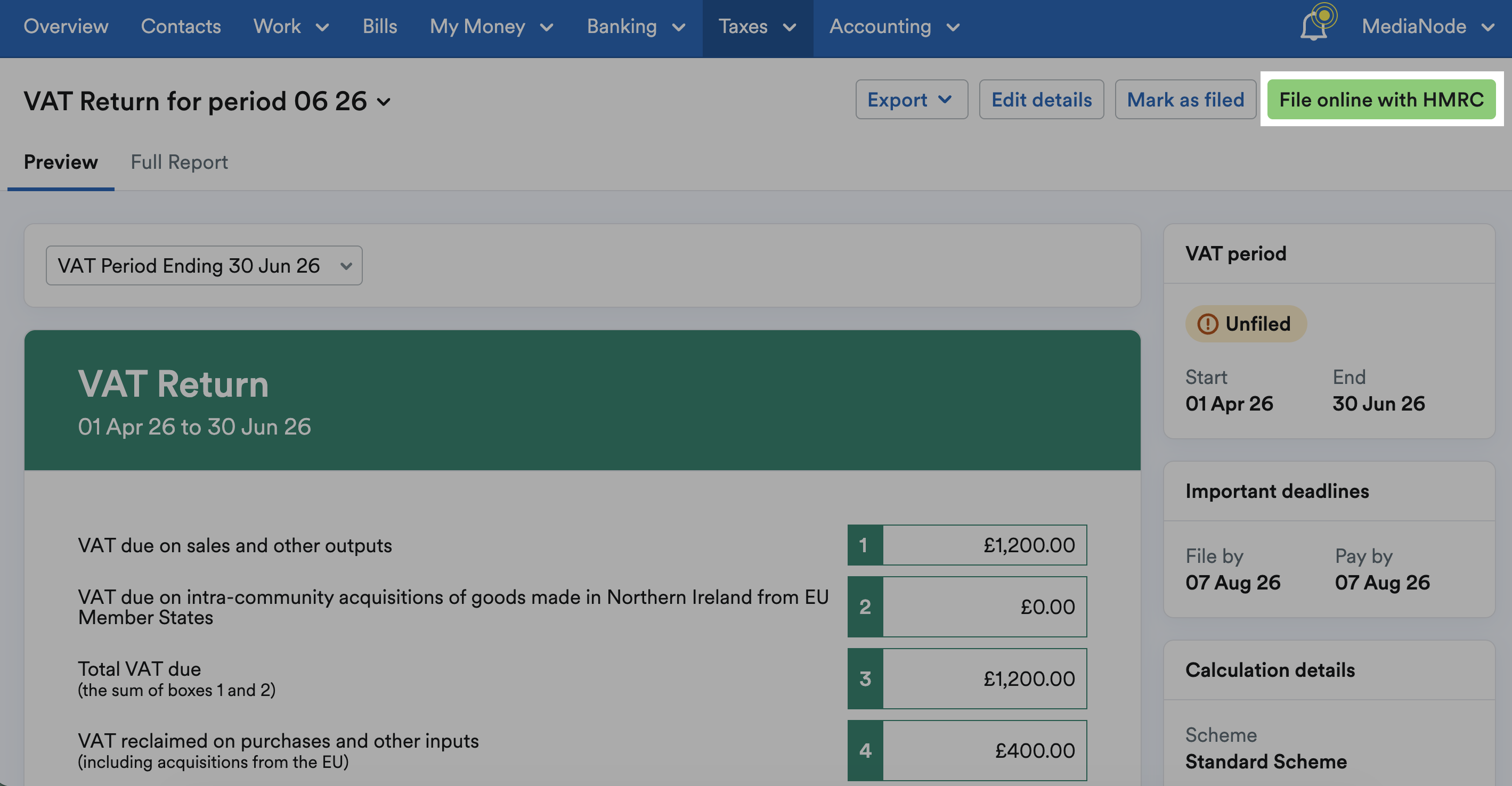 'File online with HMRC' button highlighted above VAT Return.