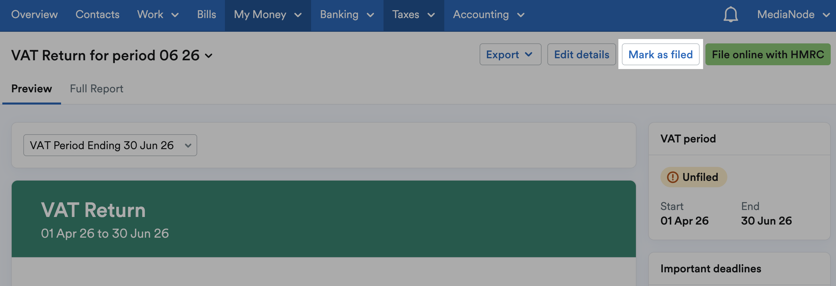 'Mark as filed' button highlighted above VAT Return.