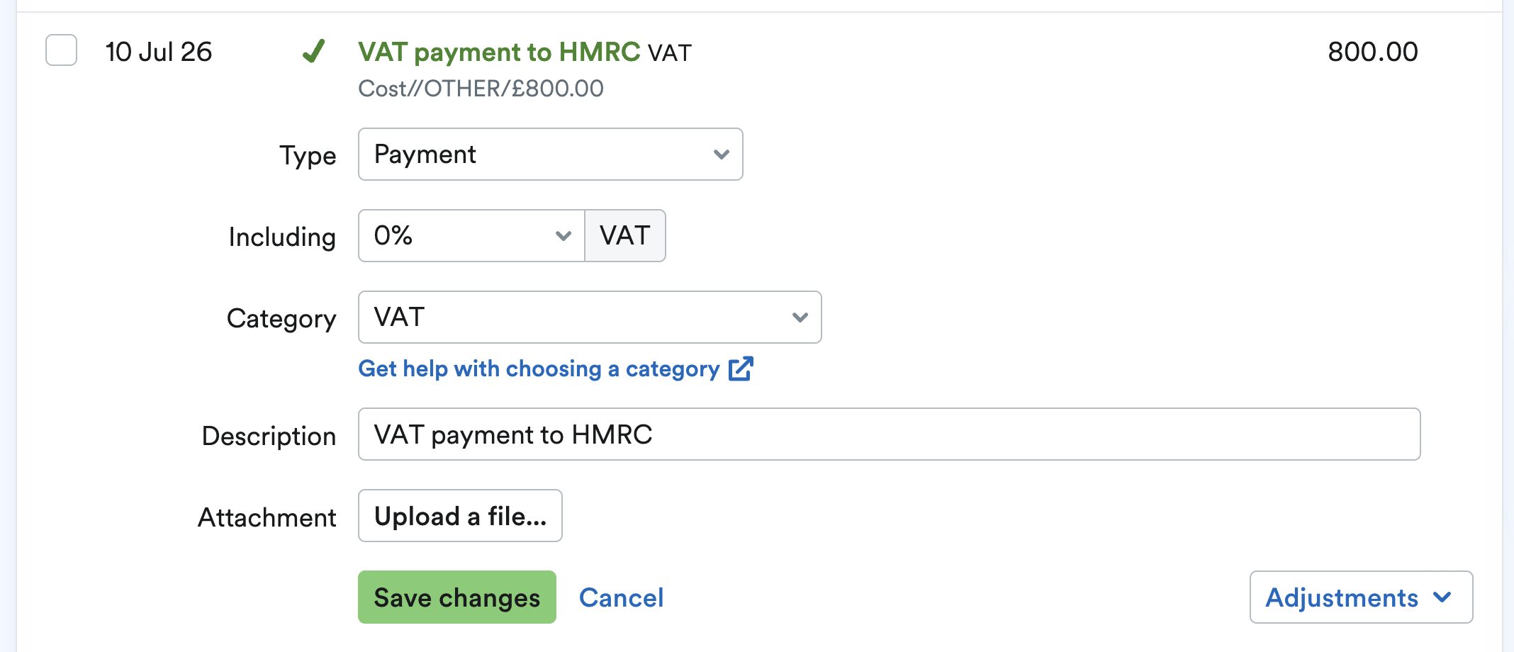 Bank transaction explained as VAT payment to HMRC.