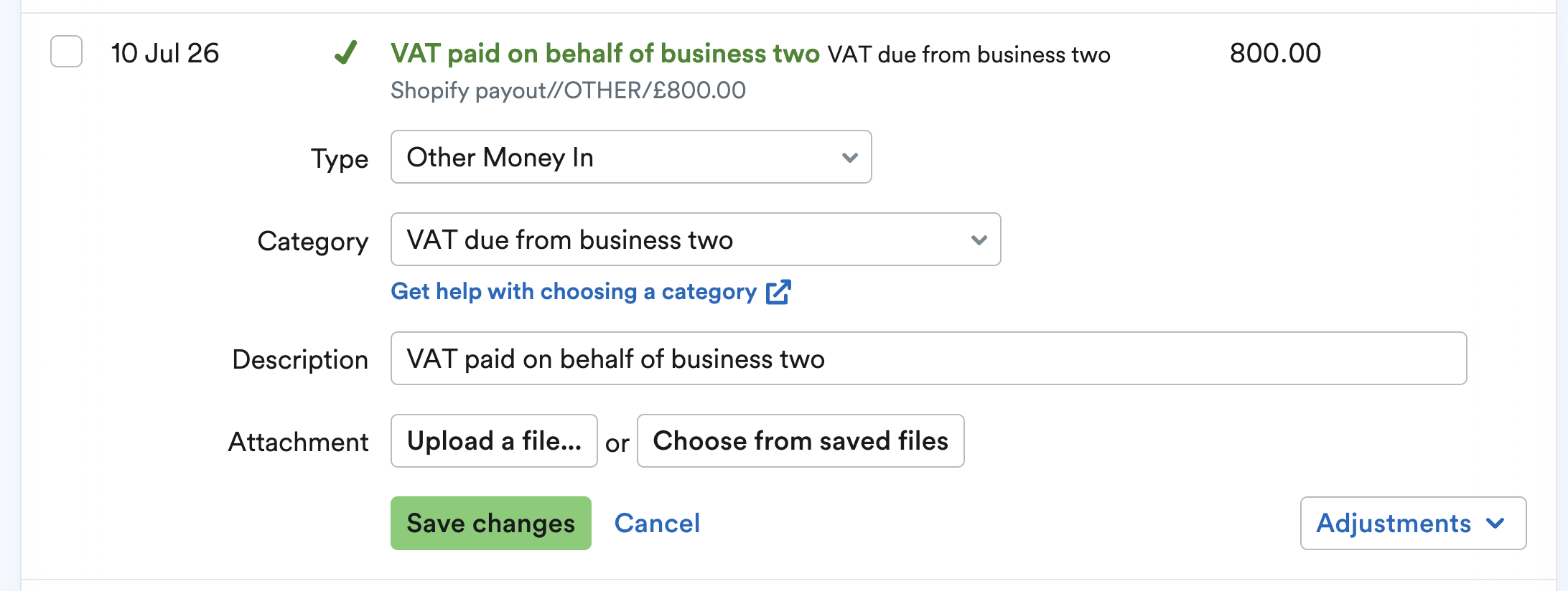 Bank transaction explained with a type of 'Other Money In' and a category of 'VAT due from business two'.