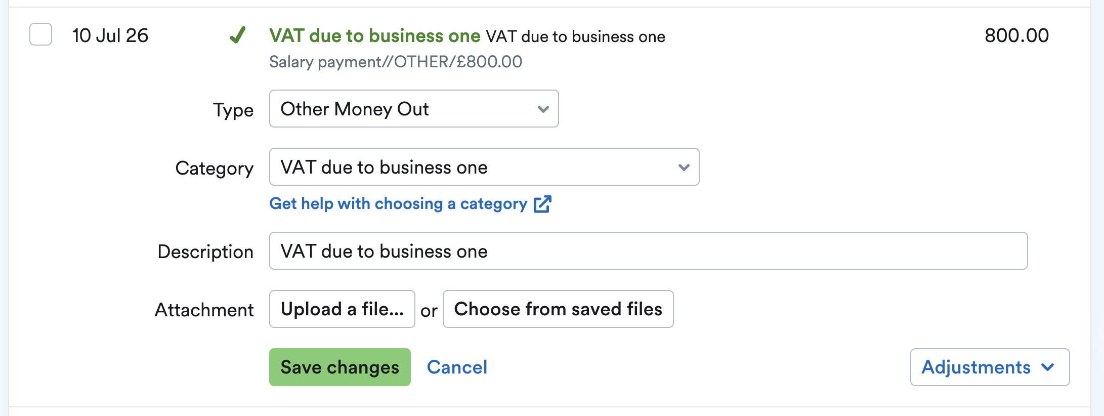 Bank transaction explained with a type of 'Other Money Out' and a category of 'VAT due to business one'.