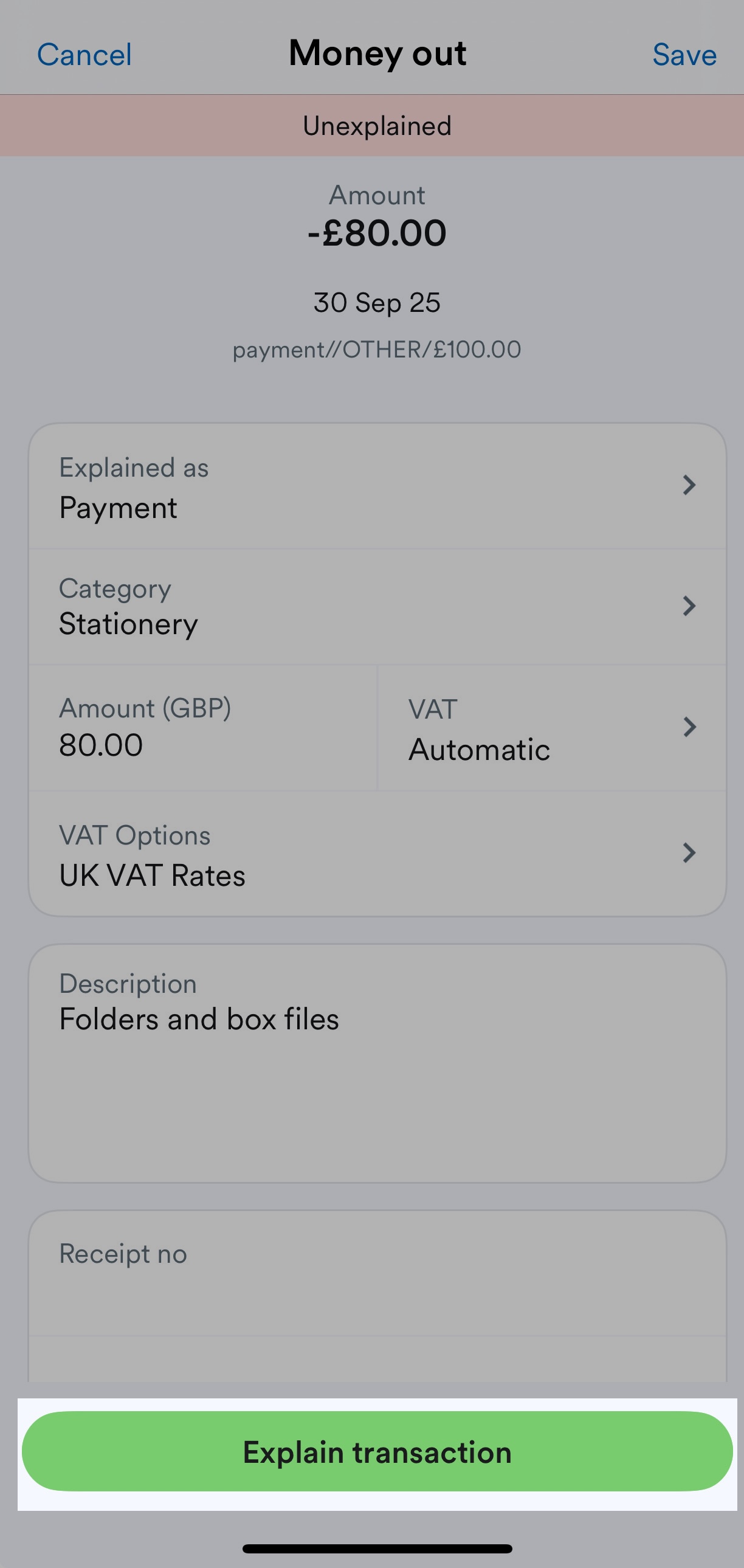 'Explain transaction' button highlighted under tranaction.