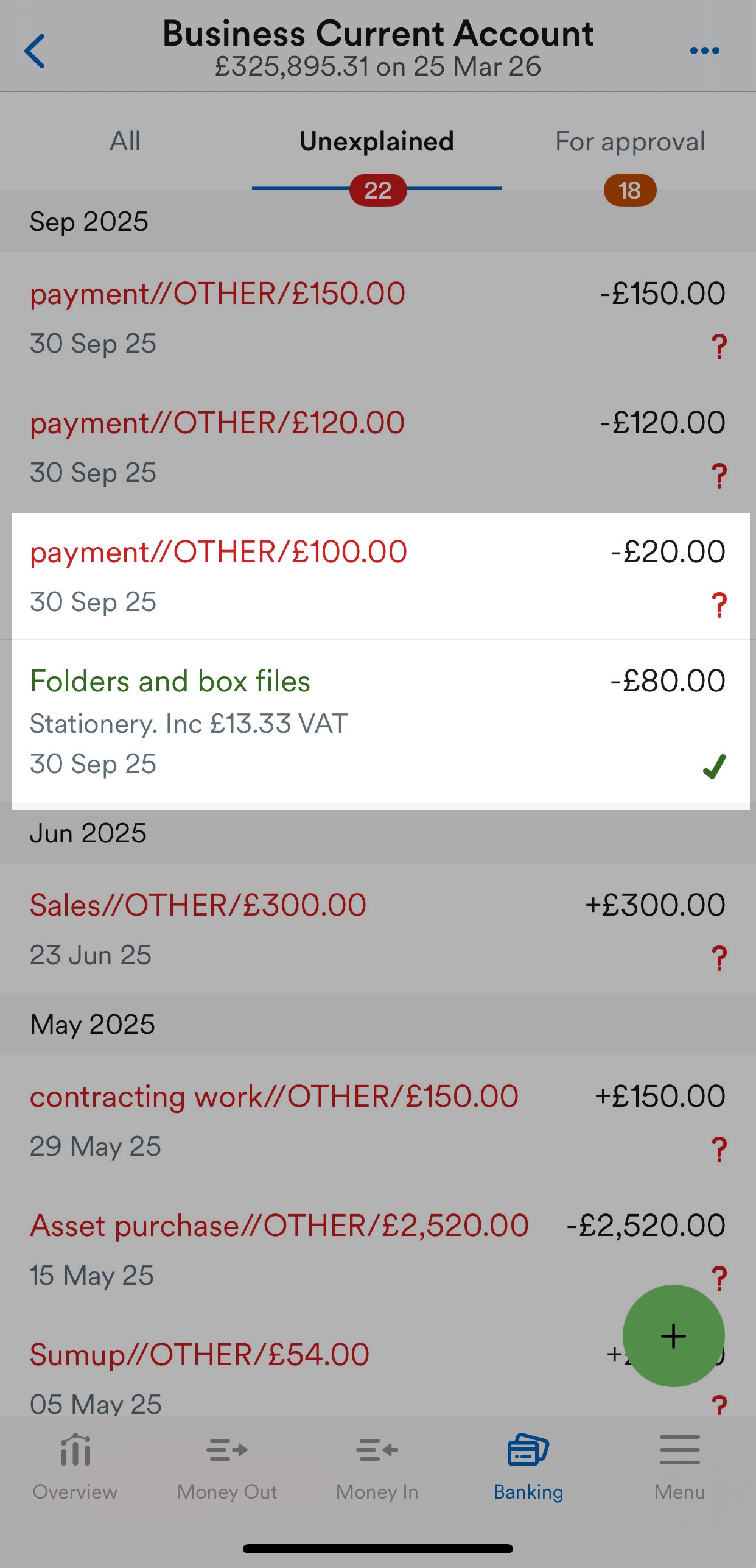 Transaction for remaining amount selected in bank account.