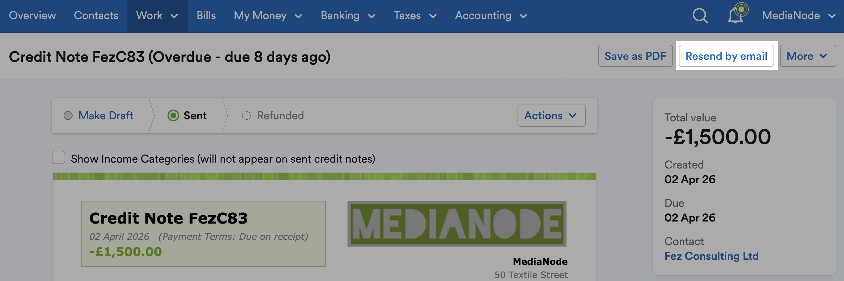 ‘Resend by email’ button highlighted above the credit note.