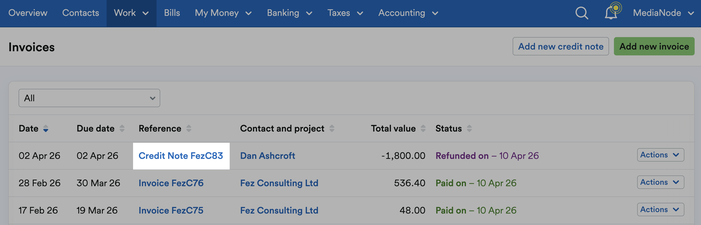 Paid credit note highlighted on list of credit notes.