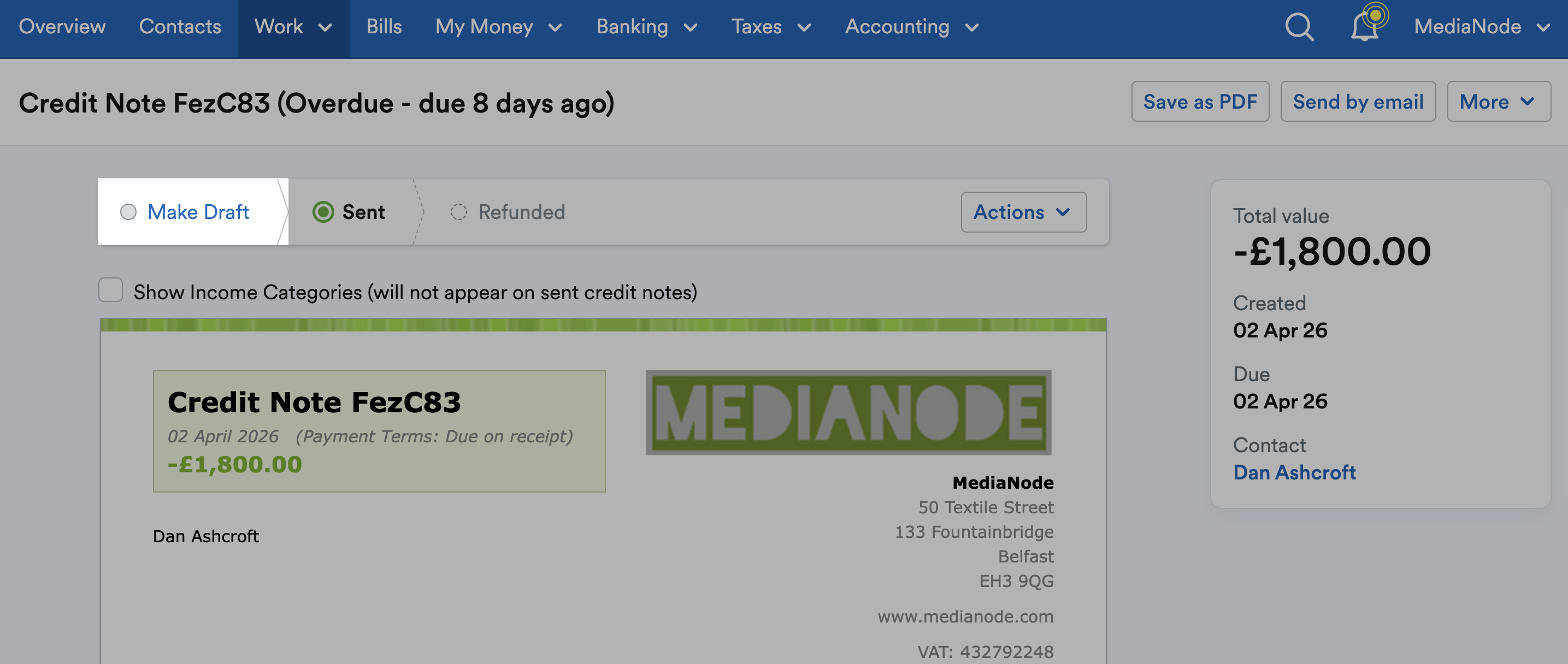 ‘Make Draft’ highlighted above the credit note.
