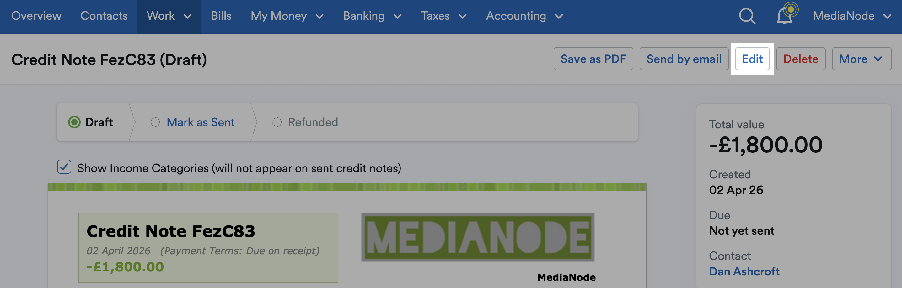 ‘Edit’ button highlighted above the credit note.