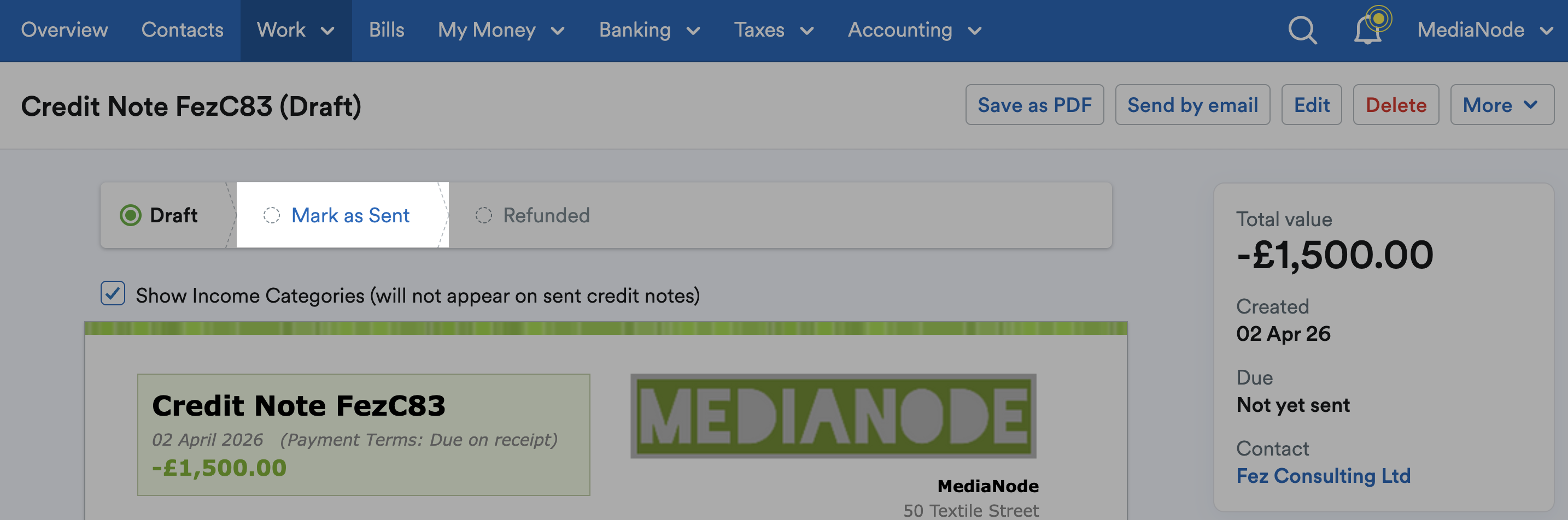 ‘Mark as Sent’ highlighted above the credit note.