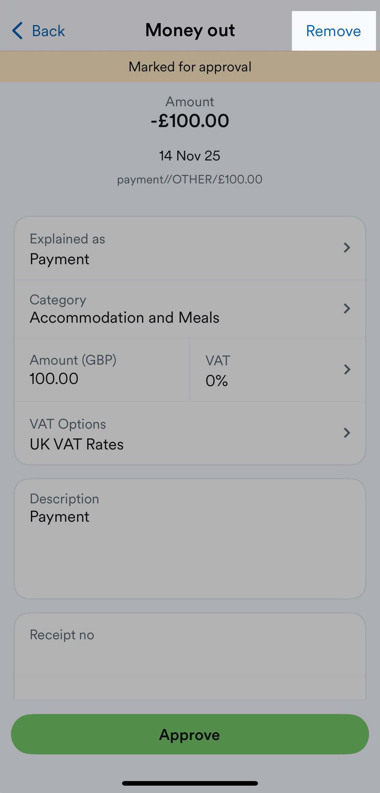 'Remove' button highlighted above transaction.