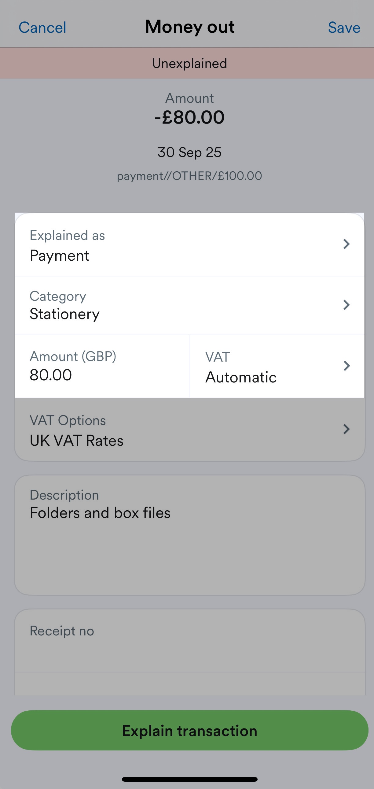 'Category' and 'Amount' fields showing on transaction explanation screen